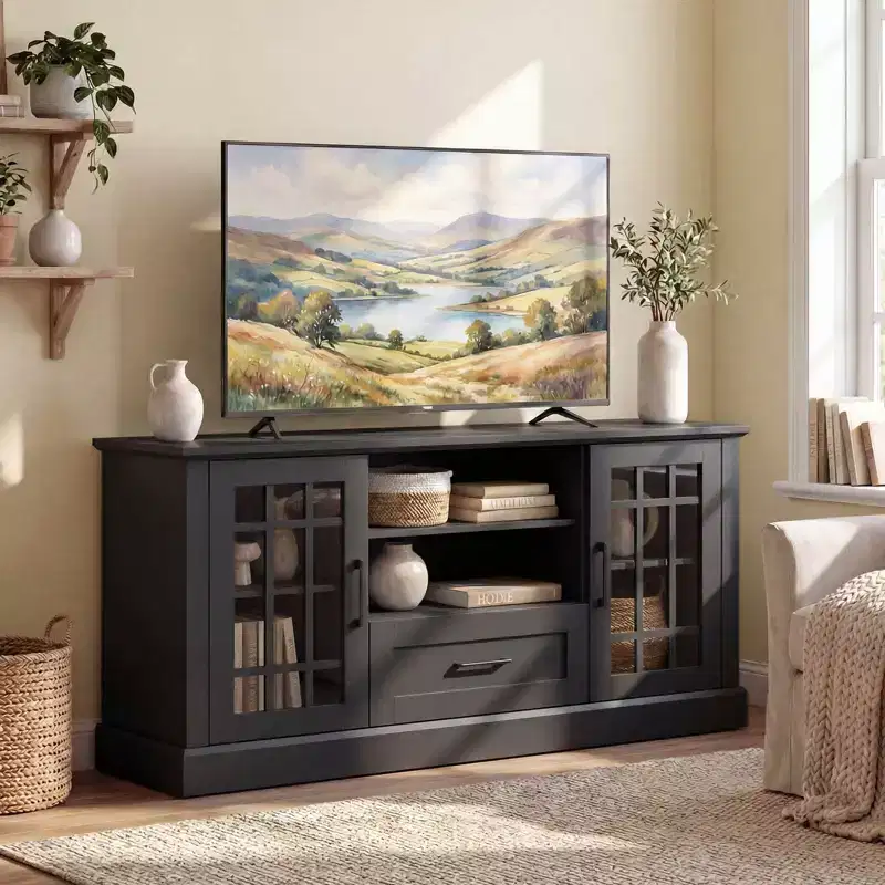 Costway Farmhouse TV Stand for TVs up to 70 Media Center with Glass Doors Cubbies & Drawer Green/White/Black