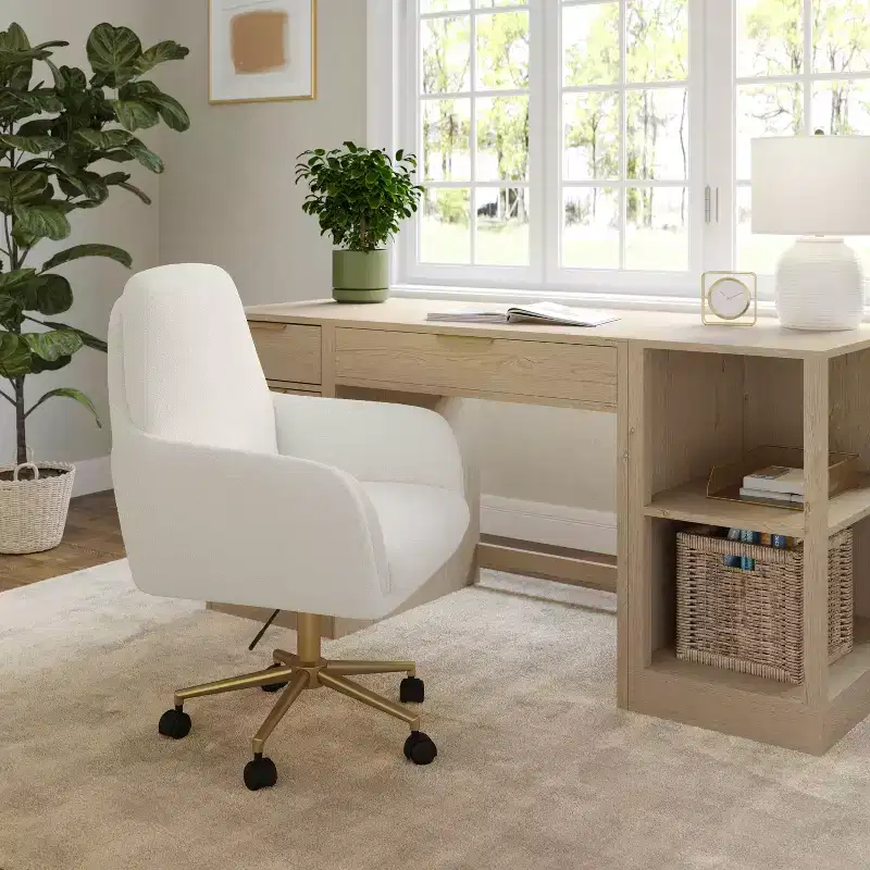 Upholstered Boucle Office Chair with Swivel, Height Adjustment and Brass Finish Frame