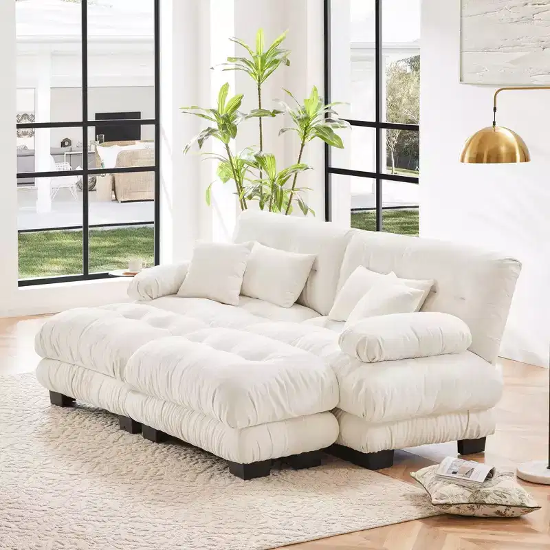Cloud Couch Sleeper Sofa for Living Room, Chenille 2 Seater sofa with 2 Lumbar pillows and 2 throw pillows , Upholstered Wide Arm Sofa with 2 Ottomans