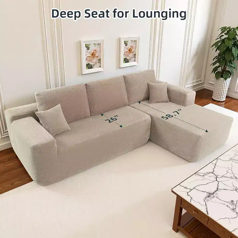 MooxvMoo Comfy Corduroy L Shaped Couch with Chaise,105 Modular Sectional Sofa with Throw Pillow & Deep Seat,No Assembly Required,Camel