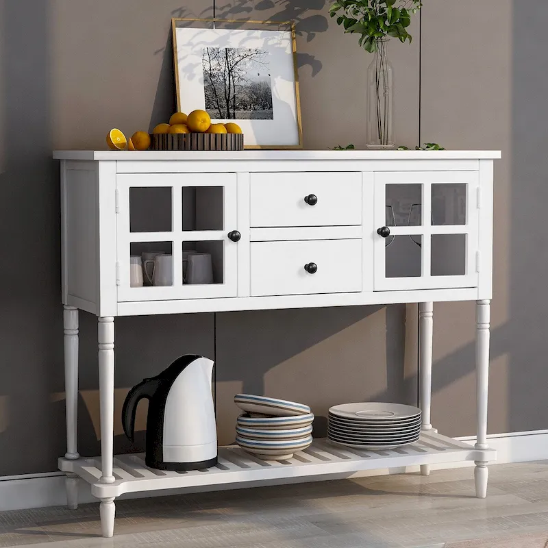 Sideboard Console Table with Bottom Shelf, Farmhouse Wood/Glass Buffet Storage Cabinet Living Room (Antique Grey)