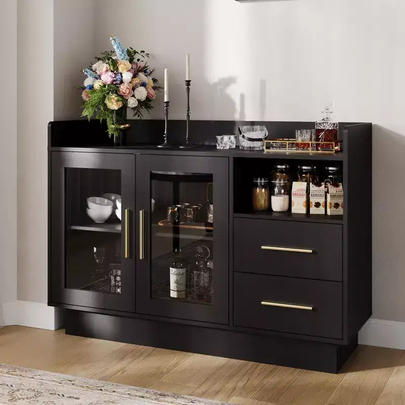 Premium LED Wine Bar Cabinet with Glass Doors & Storage Drawers - Versatile Home Bar Furniture for Kitchen, Dining Room, Office, Game Room