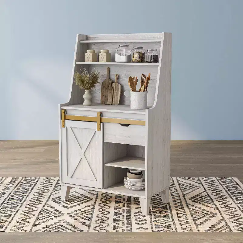 Farmhouse Baker's Rack with Storage Drawer and 4 Shelves, White Oak