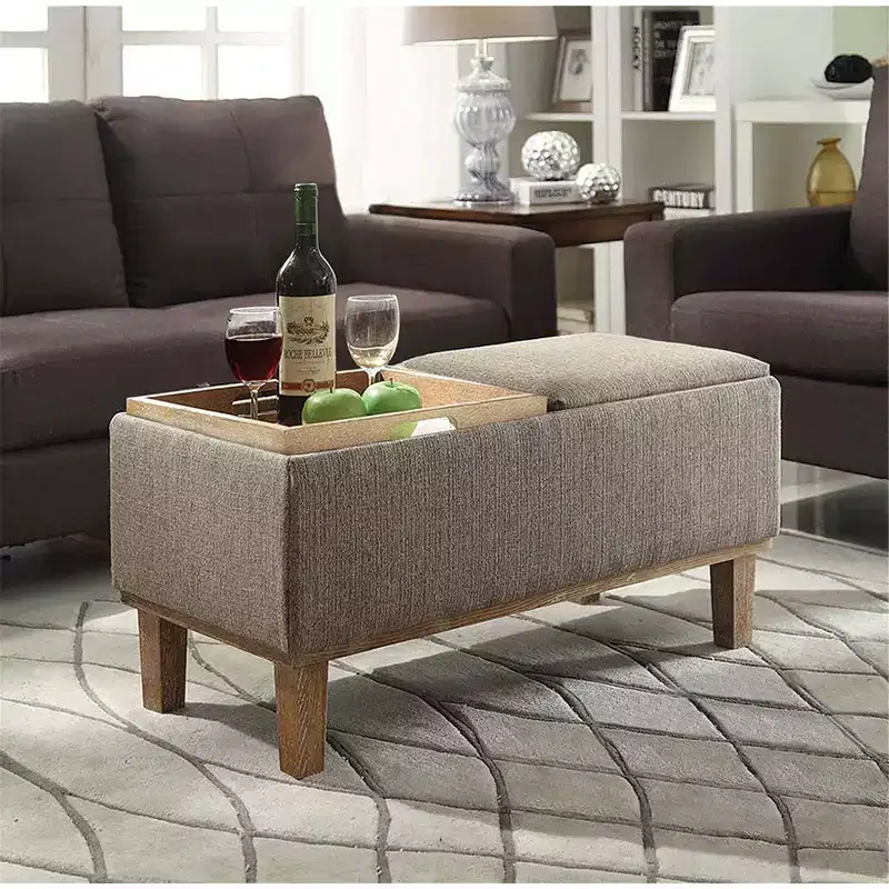 Storage Ottoman with Reversible Tray Top - Linen Upholstery, Sandstone