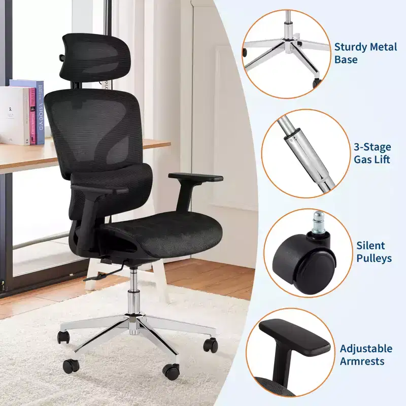 Ergonomic Mesh Office Chair, Lumbar Support, 4D Adjustable Armrests, Recline & Height Adjustment, 360 Swivel, Home Office Chair, Study Gaming Chair