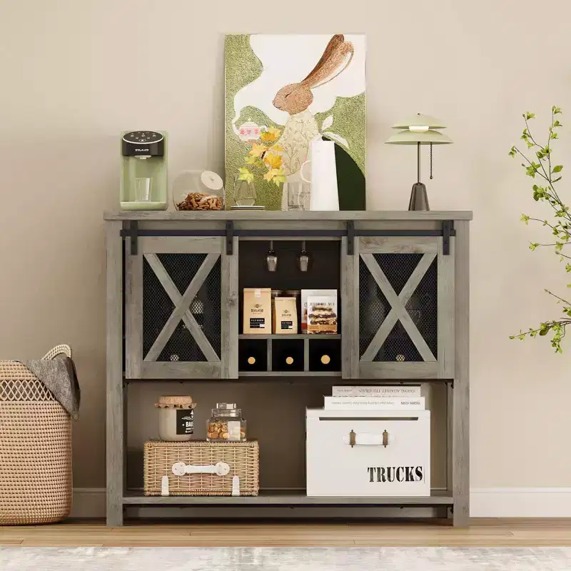 Wine Bar Cabinet with Sliding Barn Door, Coffee Cabinet with Wine Rack and Glass Holder, Kitchen Buffet Sideboard with Storage, Liquor Bar