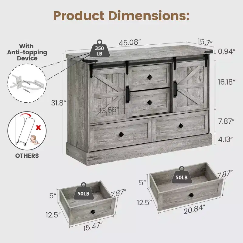 4 Drawer Dresser for Bedroom, 45 in Wood Dressers With Sliding Barn Doors, TV Stand With Large Drawers & Bar Handles, for Closet, Living Room