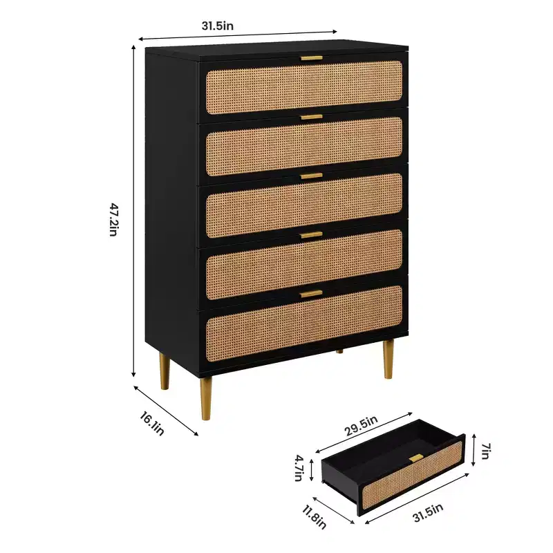 Garvee Rattan 5 Drawer Dresser for Bedroom, Tall Chest with Wide Top and Deep Storage Drawers for Living Room, Hallway, Kids Room