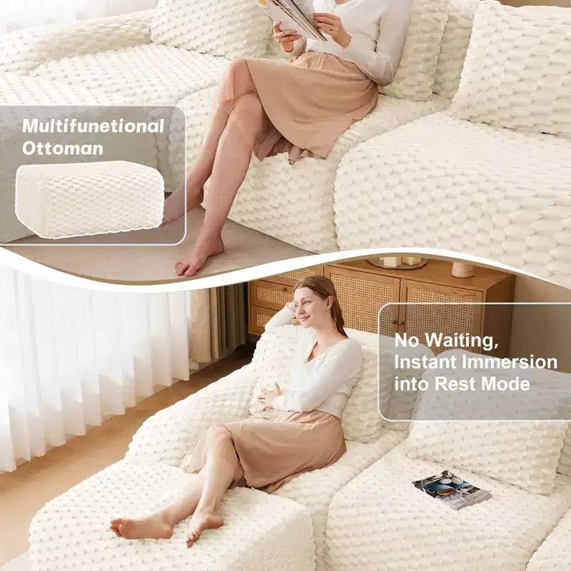 114 Modular Sectional Sofa Flannelette 3-Seater Deep Seat Buckle No Assembly Cream