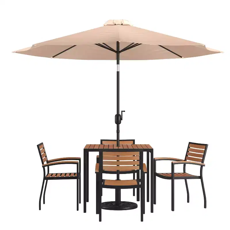 Emma and Oliver 7 Piece Patio Table Set - 4 Synthetic Faux Teak Stackable Chairs - Faux Teak Table - Umbrella with Base