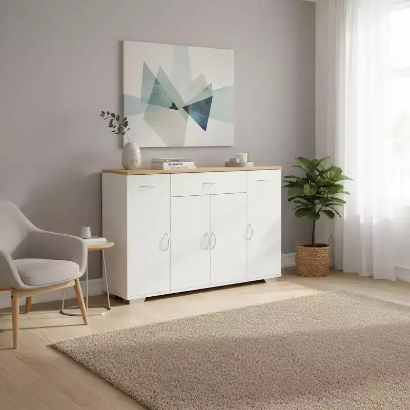 Modern Farmhouse Sideboard Buffet Storage Cabinet, Wooden Coffee Buffet Table with Drawer and Shelves, 43.3 Barn Doors Storage Cabinet