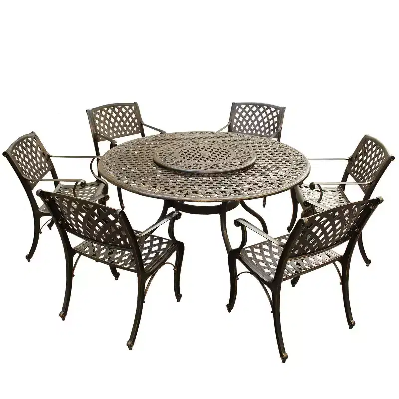 7pc Outdoor Dining Set with Ornate Traditional & Modern Contemporary Mesh Lattice Aluminum 59" Round Table - Bronze - Oakland Living