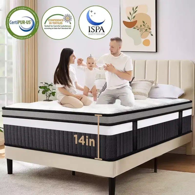 14 Inch Queen Mattress in a Box, Cooling Gel Memory Foam with Pocket Springs, Medium Firm, Pressure Relief, Motion Isolation, CertiPUR-US Certified