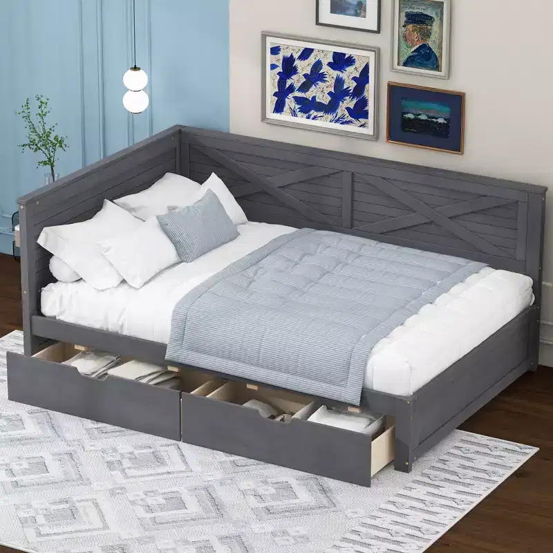 Twin Size Wood Daybed with 2 Drawers and Rustic Guardrail