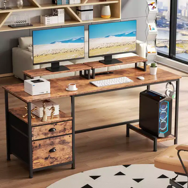 55 Inch Rustic Brown Computer Desk with Charging Station File Cabinet Home Office Gaming Desk 2 Monitor Stands Storage Drawer Shelf Writing Table