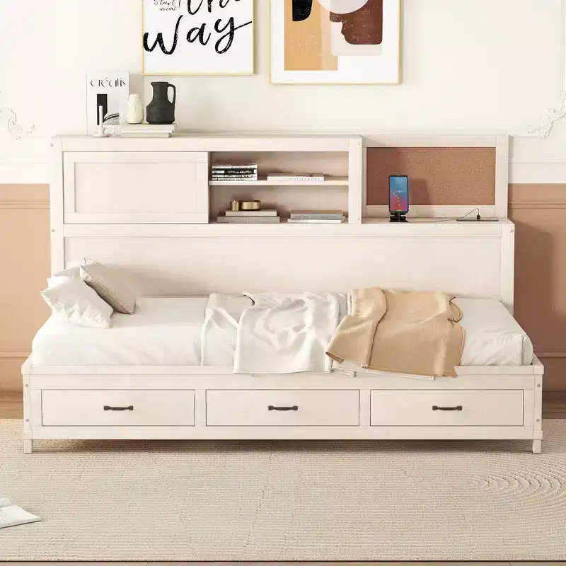 with 3 Storage Drawers and Sockets and USB Ports, Wooden Bedframe with Upper Soft Board for Bedroom Guestroom, White