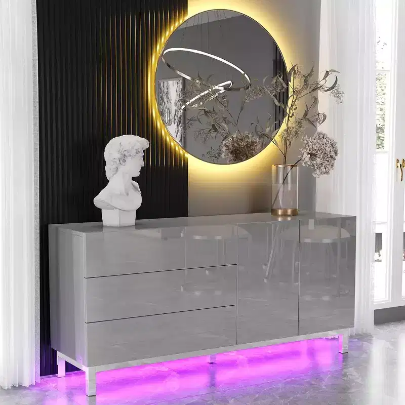 High Gloss Electroplated Sideboard Buffet with LED Lights, 63