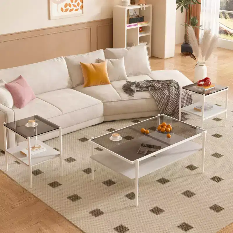 MAYEERTY Coffee Table and End tables Set of 3, Tempered Glass Table with MDF layer, Modern Tables for Living Room, Gray Glass