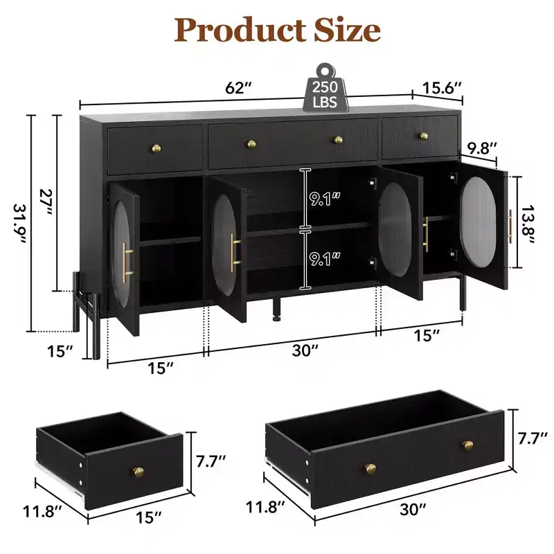 62 Large Sideboard Buffet Cabinet with Storage and 3 Drawers, Buffet Table Coffee Bar Storage Cabinet with 4 Glass Doors