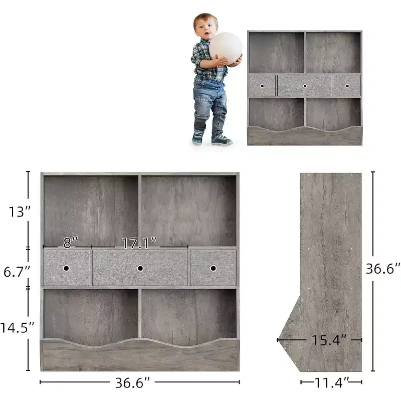 Acekool 7-Cubby Large Kids Toy Storage Organizer, 3-Tier Bookcase Cabinet with 3 Drawers and Tilted Bins for Playroom, Bedroom, Living Room, Gray