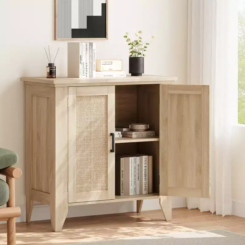 Rattan Sideboard Cabinet with 2 Doors & Adjustable Shelf – Solid Wood Legs, 76x40x80cm, 95 kg Capacity