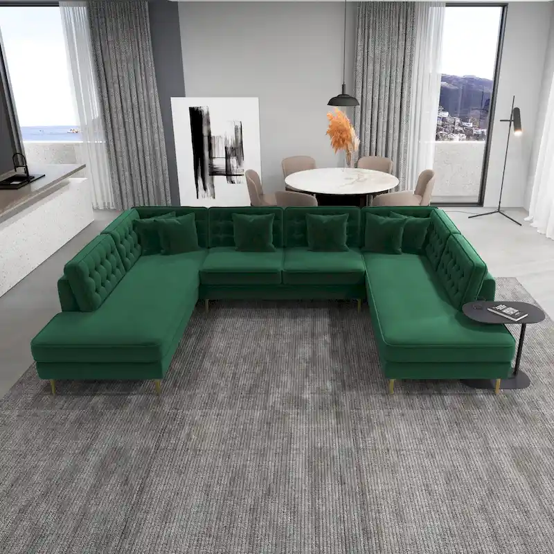 Modern U-Shaped Velvet Corner Sectional Sofa with Gold Metal Legs – Dark Green