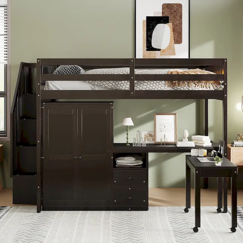 Full Size Loft Bed with Stairs, Bookshelf, Desk & Wardrobe - Space-Saving Multifunctional Furniture for Kids & Teens-White