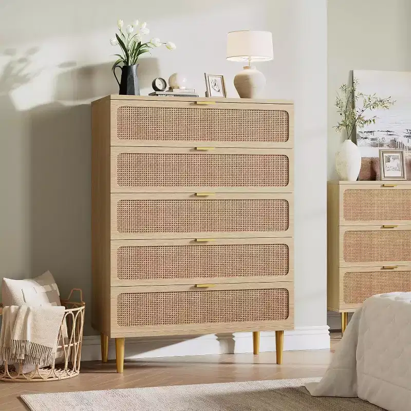 Rattan 5 Drawer Dresser for Bedroom, Large Double Dresser, Wooden Chest of Drawers for Closet with Wide Top, for Living Room, Hallway