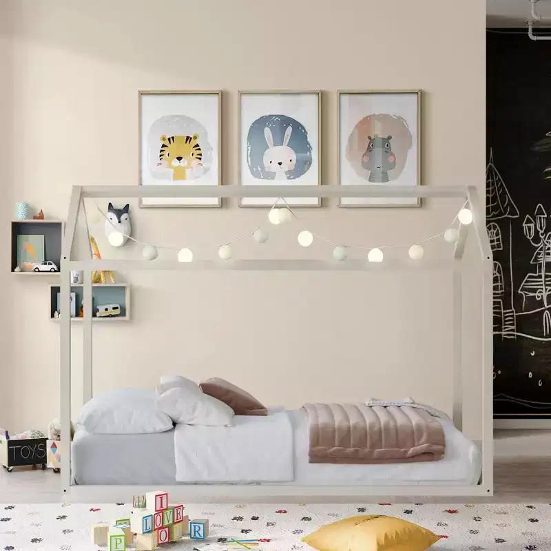 Kids Wooden Canopy Bed Frame, House-Shaped, Twin Size