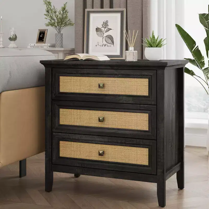 3 Drawer Rattan Dresser, Farmhouse Wood Chest of Drawers, Dark Oak