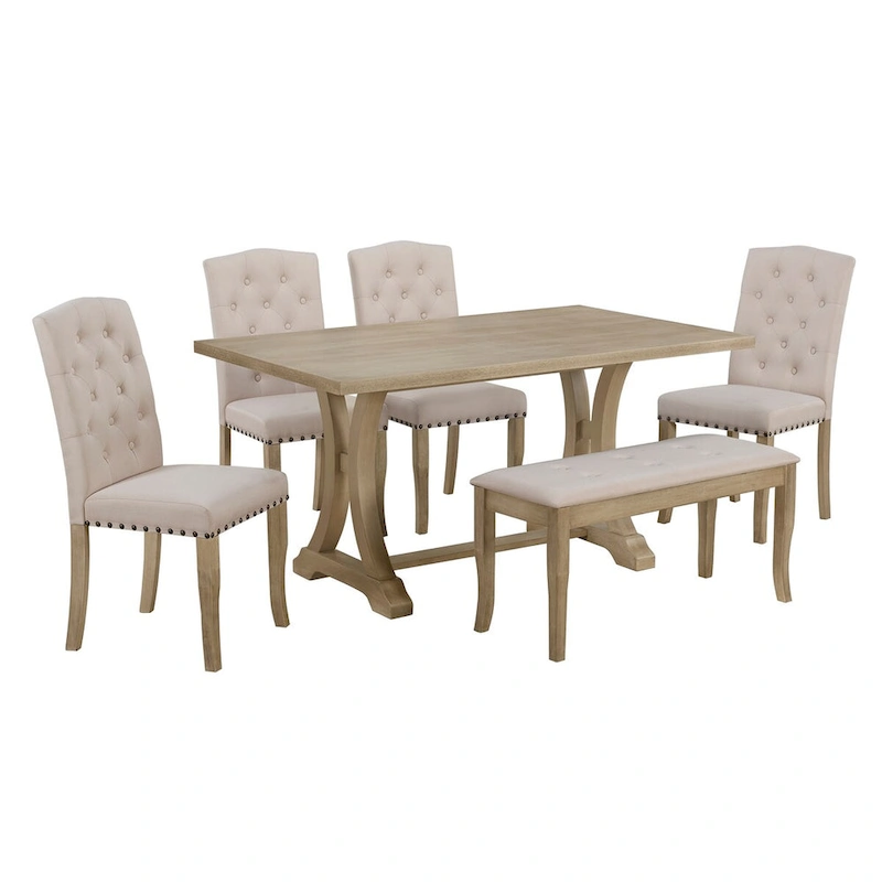 6-Piece Farmhouse Dining Table Set, Rectangular Trestle Table and 4 Upholstered Chairs & Bench