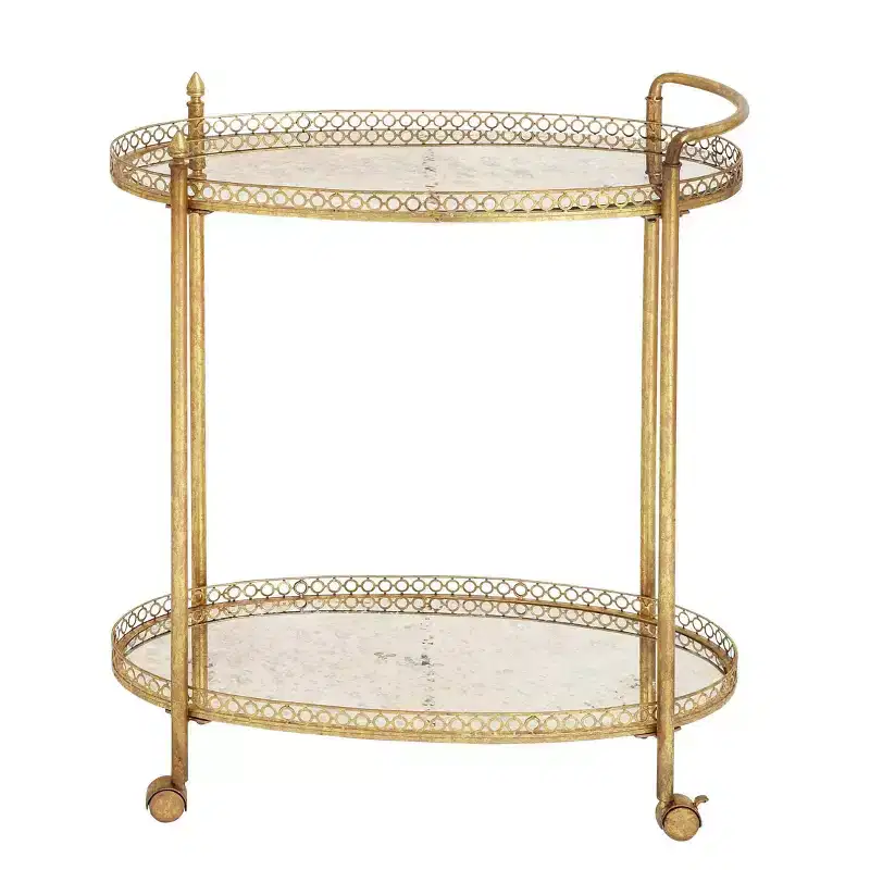 Gold Oval Rolling Bar Cart with Antique Mirror Glass Shelves – 2-Tier Iron Frame