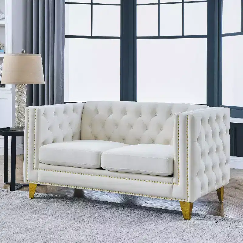 Velvet Sofa for Living Room,Buttons Tufted Square Arm Couch, Modern Couch Upholstered Button and Metal Legs, Sofa Couch for Bedroom