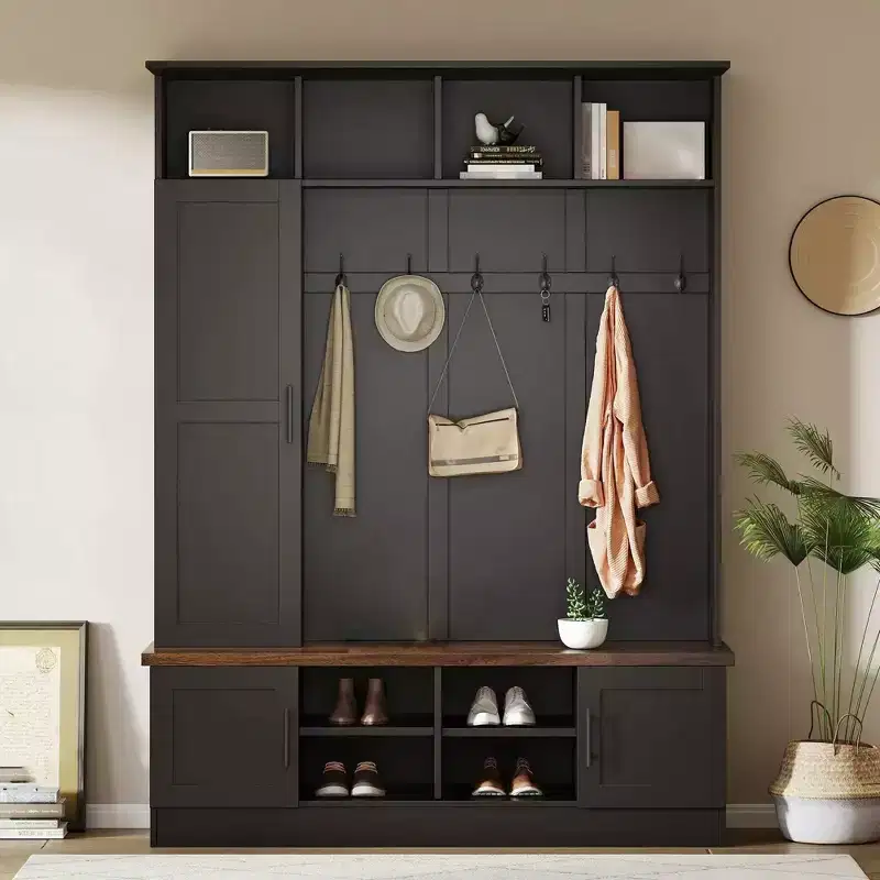 Entryway Hall Tree With Shoe Bench, Multifunctional Coat Rack with 6 Hook,Wood Hallway Coat Hanger with Shoe Storage for Entryway Living Room