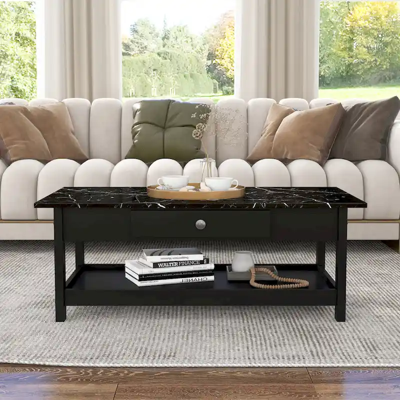 DH BASIC Transitional Rubberwood 3-Piece Open-Shelf Coffee Table and End Table Set with Drawer by Denhour