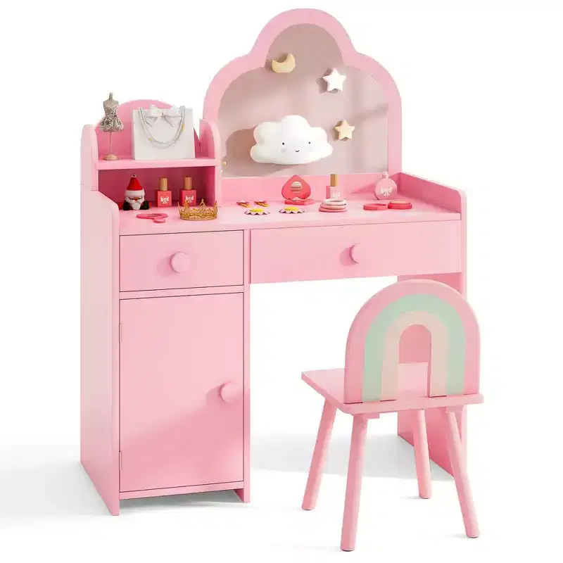 Costway Kids Vanity Table and Chair Set with Cloud-shaped Mirror Open Shelf Storage Drawers White/Pink/Purple