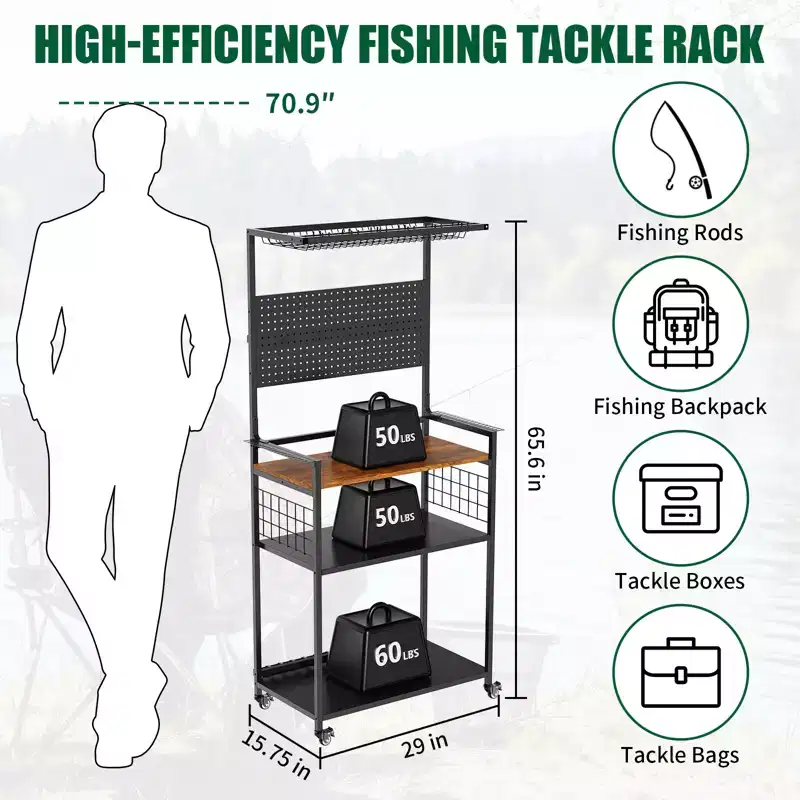 Fishing Rod Holders for Garage, Rolling Fishing Pole Organizer Cart with Pegboard, Fishing Gear Storage Stand Hold up to 12 Rods, Reels, Tackle Boxes