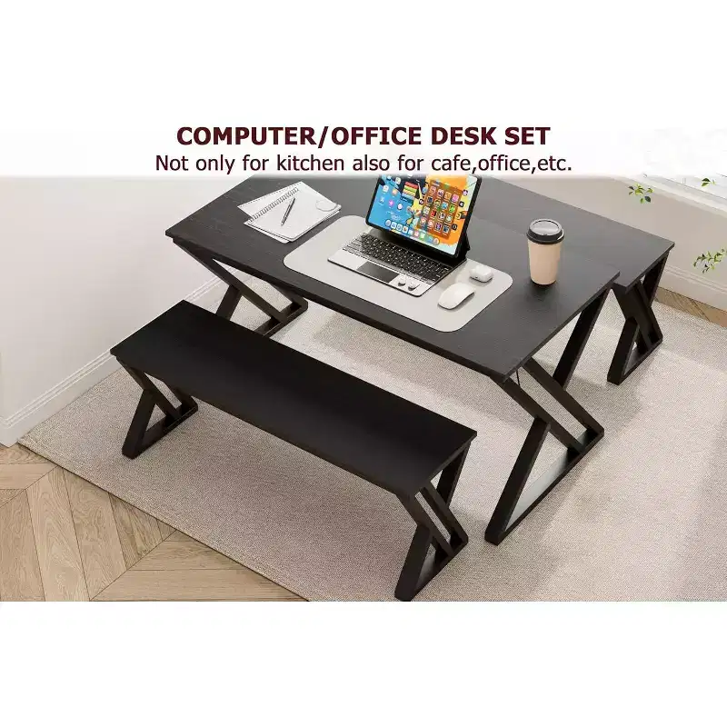 Dining Table Set for 4 with 2 Benches, Rectangular Kitchen Table, Sturdy Metal Frame, Space-Saving for Dining Room, Kitchen, Apartment