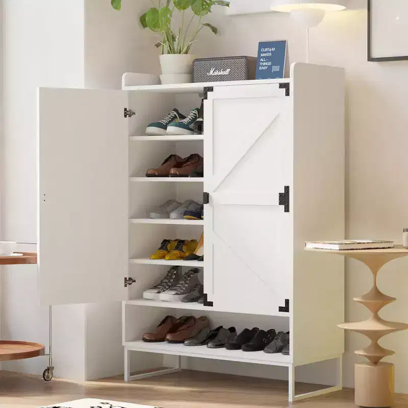 Shoe Storage Cabinet With Doors, Farmhouse 6-Tier Entryway Shoe Rack With Adjustable Shelves And Open Storage, Slim Shoes Organizer White