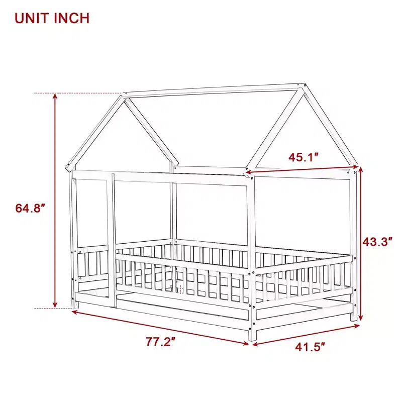 Luxystar Twin Size House Style Floor Bed with Roof Frame and Fence