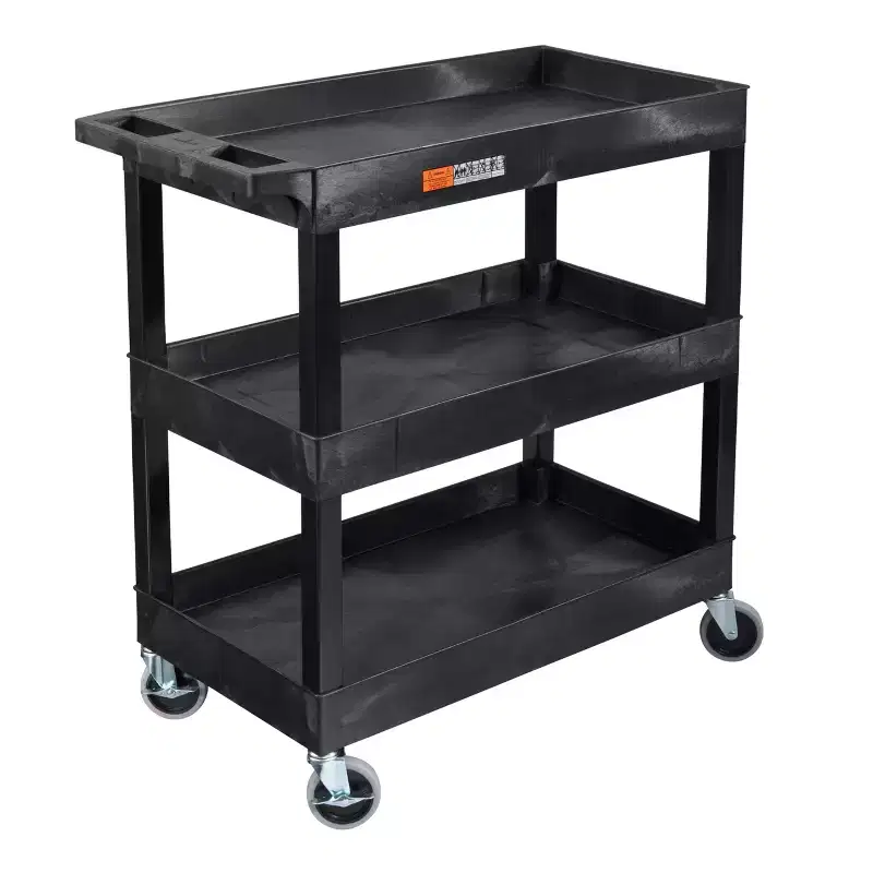 3 Shelf Heavy-Duty Plastic Utility Push Cart for Office, Warehouse, Garage, and Kitchen (Black, 32 x 18)