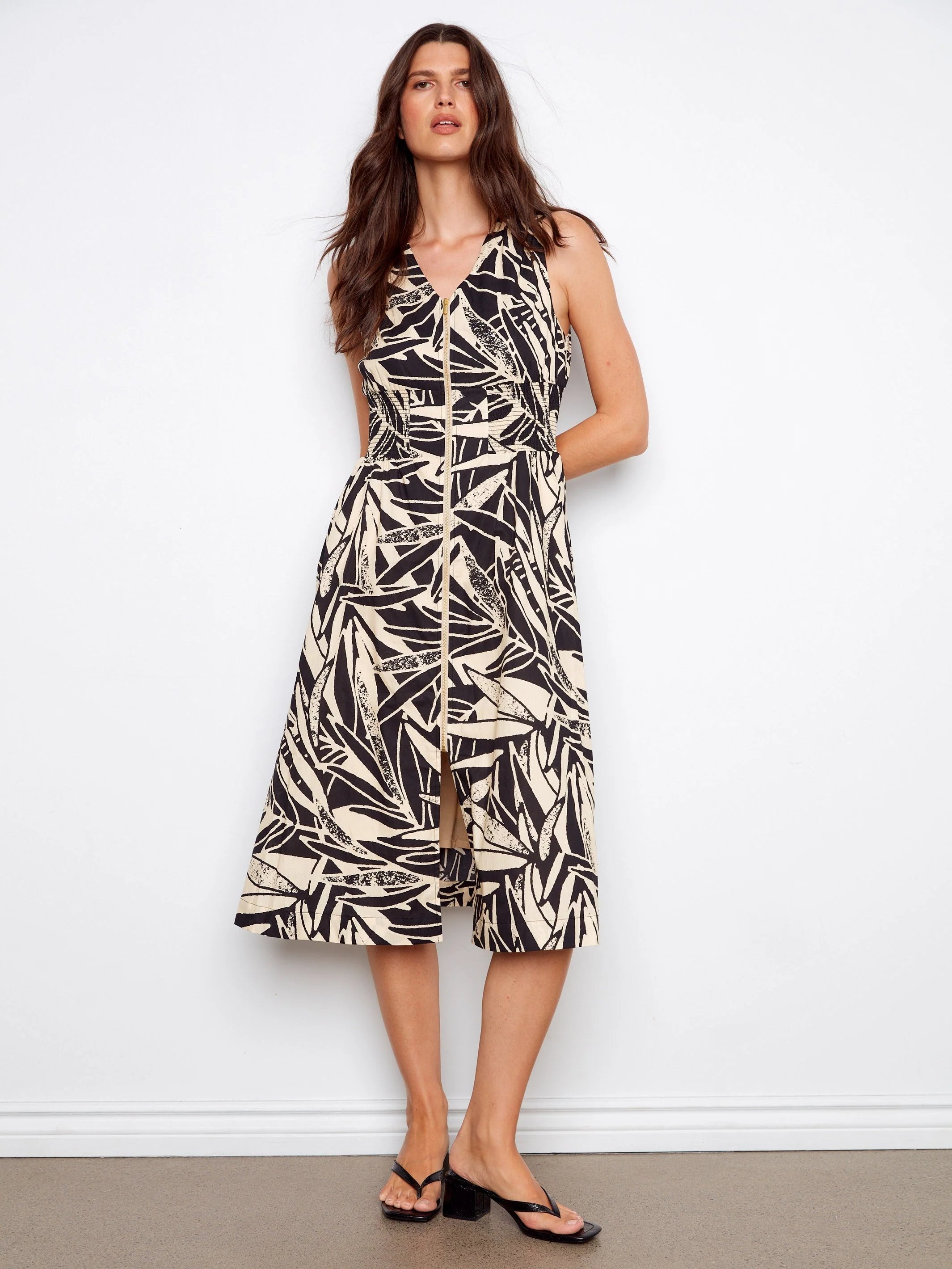 Printed Cotton Voile Front-Zip Midi Dress - Voile Abstract Print
