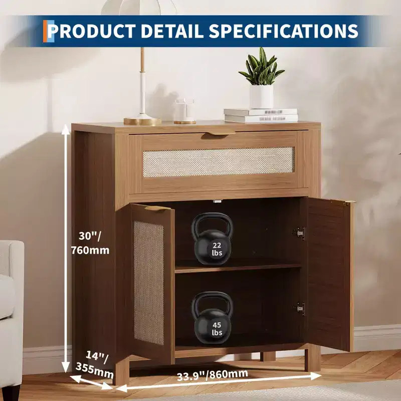 Rattan Sideboard Buffet Cabinet, Coffee Bar Cabinet with Drawer & Adjustable Shelves, TV Stand Console Table, Kitchen Pantry Cabinet