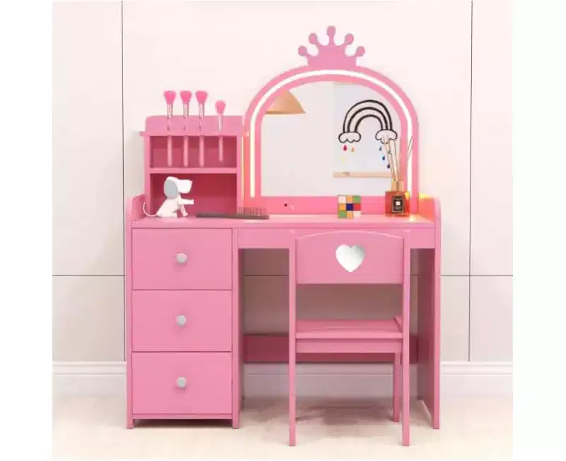 Kids Vanity Desk with Mirror and Lights, Princess Wooden Makeup Vanity with Chair, Storage Shelves and Drawers, 2-in-1 Girls Dressing Table