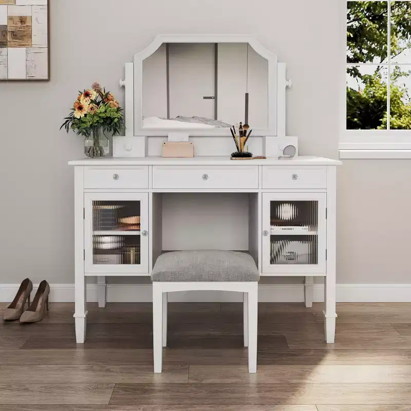 Makeup Vanity Desk with Large Adjustable Mirror, Stool & Drawers, White Vanity Table Dressing Table Multi-Functional Computer Writing Desk