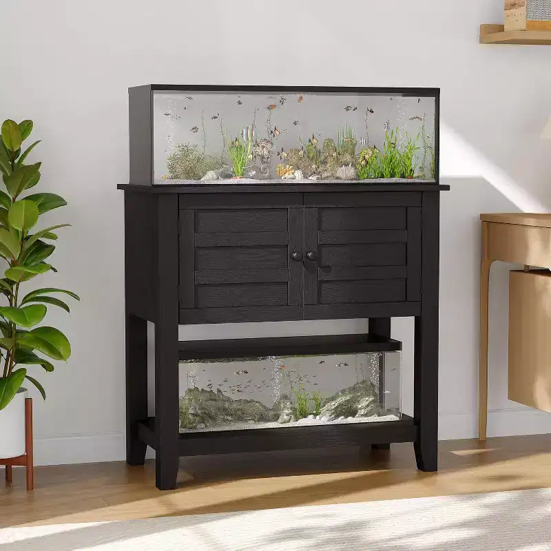 29-Gallon Double Aquarium Stand with Power Strip, Black Fish Tank Cabinet with Magnetic Doors for Living Room Storage