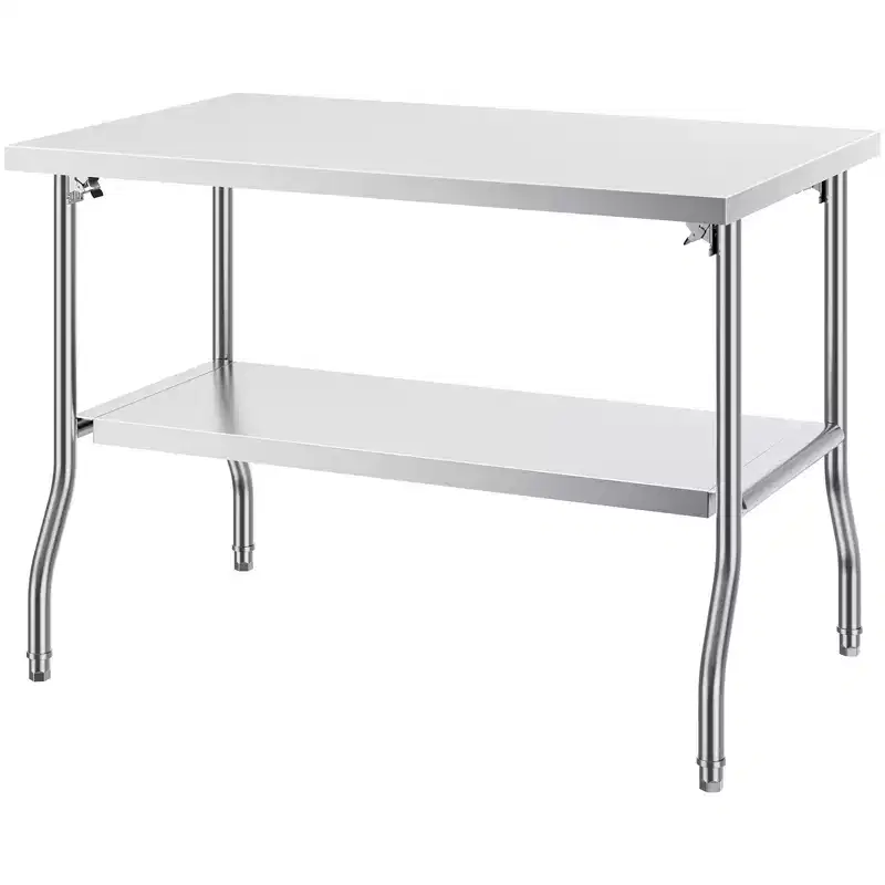 Silver Stainless Steel Folding Prep Table, 48 x 30 in, 2-Shelf, for 1 User