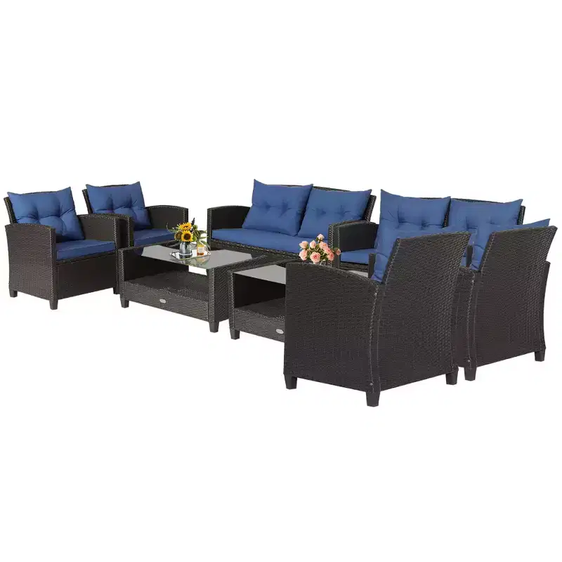 Costway 8 PCS Patio Rattan Furniture Set Glass Table Shelf Sofa Cushion Black/Red/Turquoise/Navy/Gray