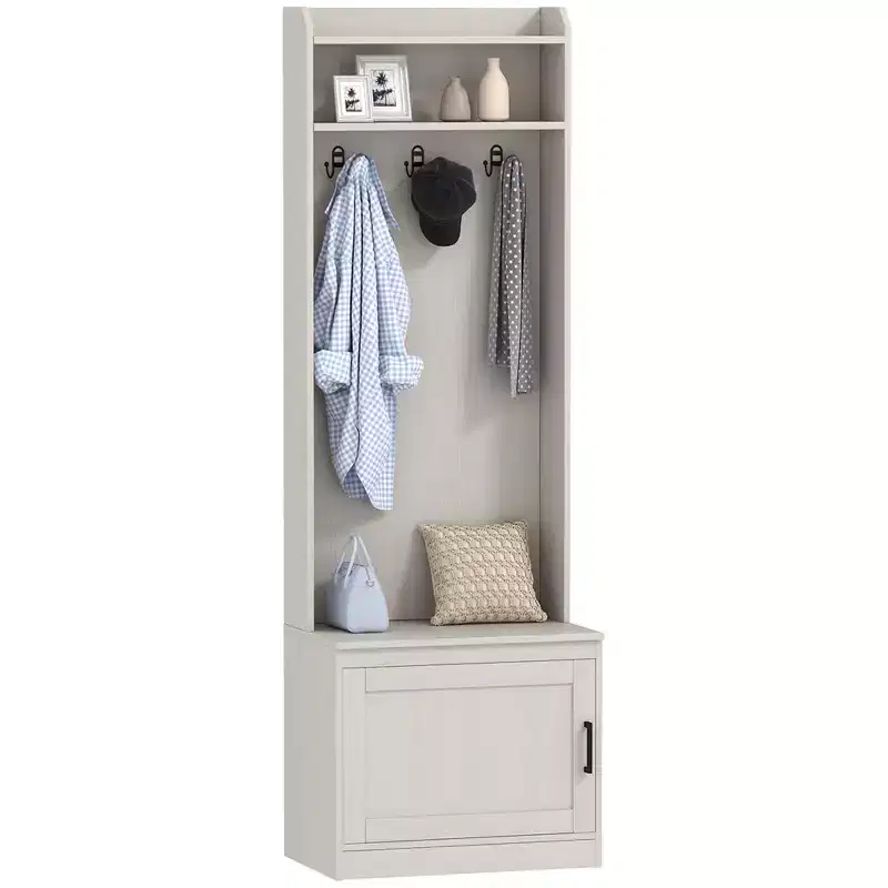 Narrow Hall Tree with Shoe Storage Bench, Rustic Entryway Bench with Coat Rack, Accent Coat Tree with Storage Shelves for Hallway, Mudroom