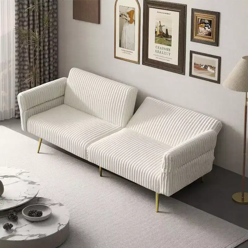 MooxvMoo Futon Sofa Bed, Convertible Futon Couch Bed with Adjustable Backrest, 2 Pillows, Corduroy Loveseat Futon for Small Spaces, Living Room,White